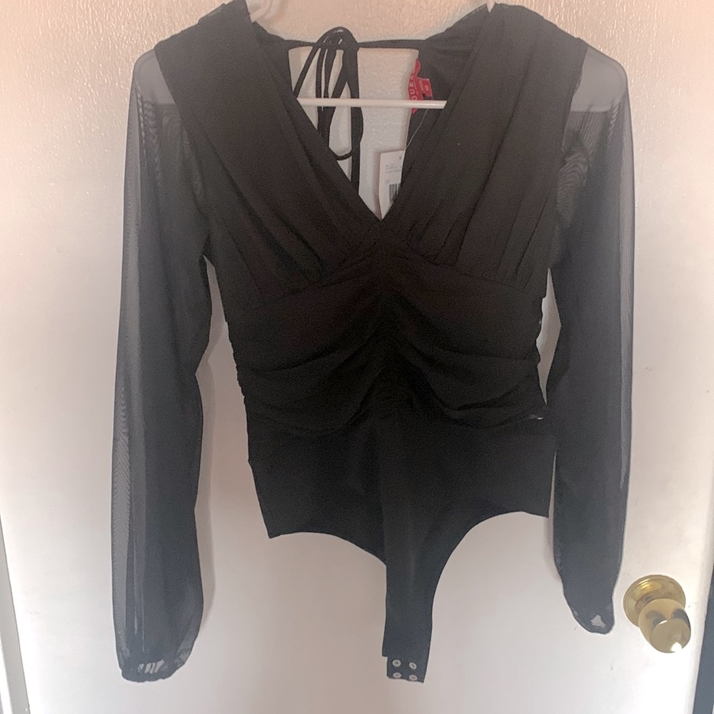 V-neck bodysuit with sheer long sleeves